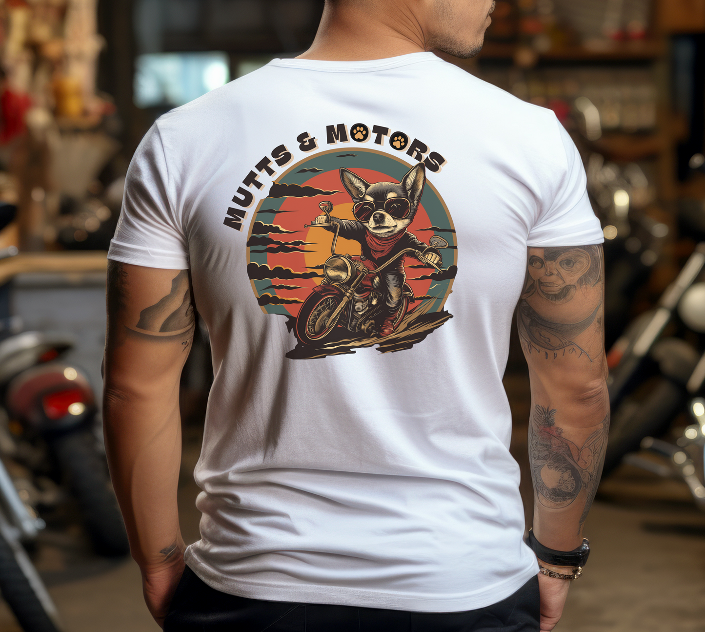 Mutts & Motors Chihuahua Riding a Motorcycle T-shirt | Retro Bike Graphic Gift Tee | Biker | Doggy | Dog| Classic | Motorbike