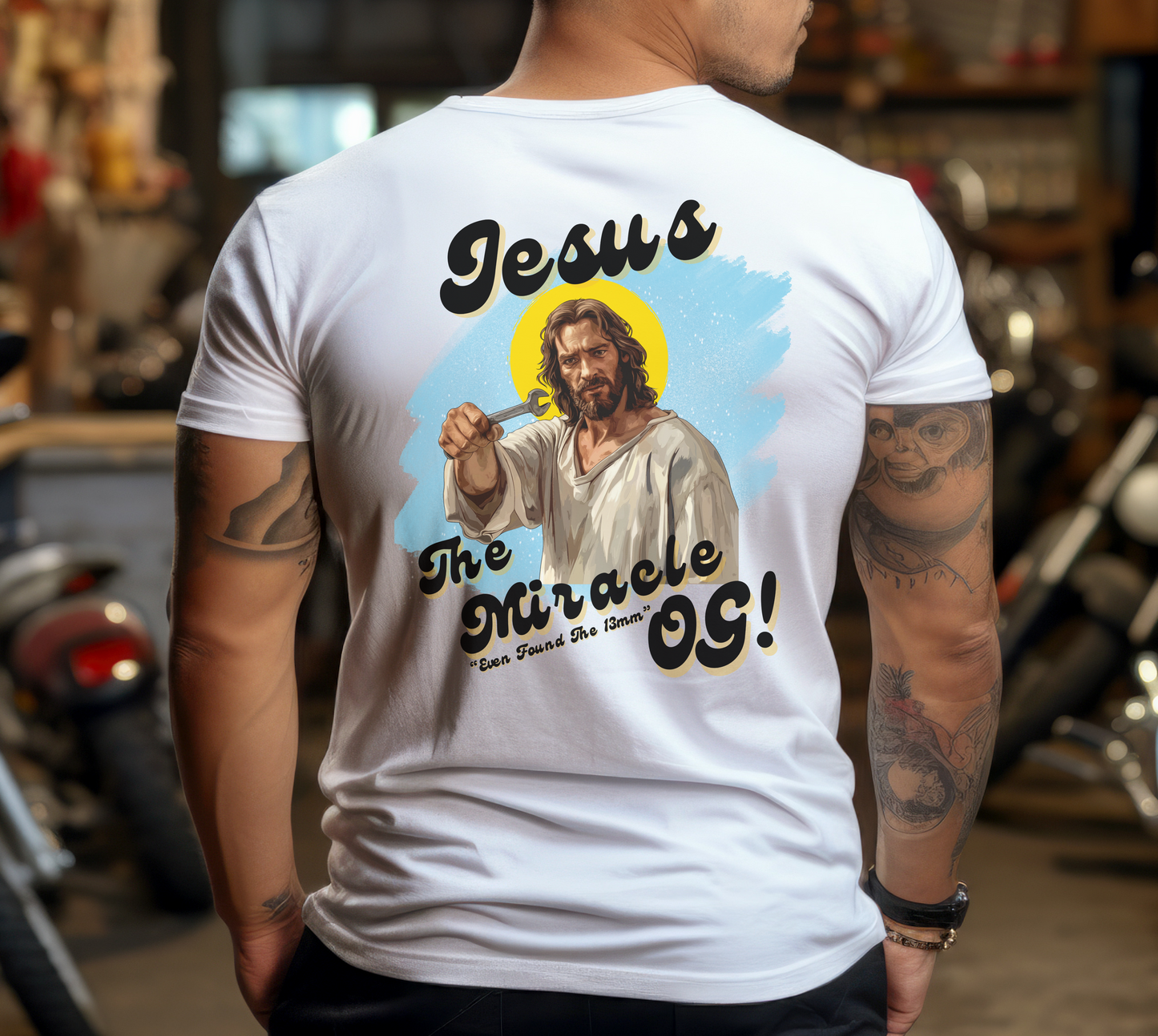 VW Jesus 'The Miracle OG!' T-shirt | 13mm Spanner | Retro Car Graphic Gift Tee | Beetle | Splitscreen | Birthday | Classic | Bay Window